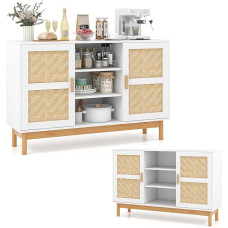 KOMFOTTEU Bufetinė spintelė su pintomis bambuko durelėmis, virtuvės spintelė su 3 atviromis lentynomis, bufetinė spintelė, šoninė spintelė, medinė, 120 x 35 x 78 cm, TV spintelė, šoninė spintelė, universali spintelė, balta