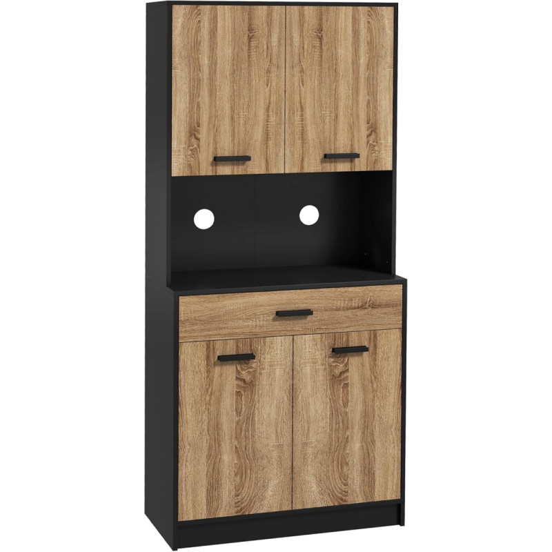 HOMCOM virtuvės spintelė, stalviršis, sandėliavimo baldai, 2 spintelės, 4 durelės, 1 stalčius, kabelių praplatinimas, pramoninis dizainas, 80 x 40 x 180 cm, juodos ir natūralios spalvos