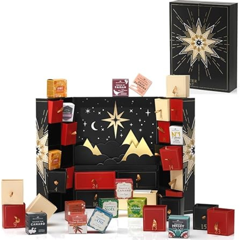 Advent Calendar France Gourmet 2024 with delicacies from Gascony. Elegant delicatesses such as duck liver, godfather, game, terrines and sweets.