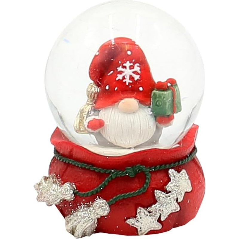 Snow Globe Christmas Gnome with Gift on Red Base with Stars, L/W/H/Diameter Ball 4.8 x 4.5 x 6.5 cm, Diameter 4.5 cm