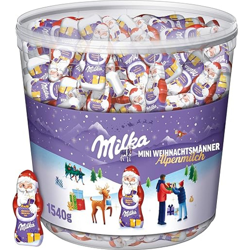 Milka Mini Santa Claus, 1 x 1540 g, kalėdinis šokoladas, didelė pakuotė, advento kalendorius, 175 gabalėliai, 3 rūšių mišinys, kalėdiniai saldumynai, pagaminti iš 100 % Alpių pieno šokolado