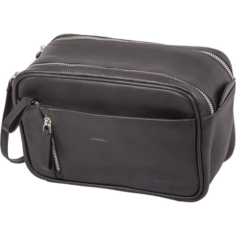 Alassio Salina 47036 Toiletry Bag Genuine Leather Travel Bag for Men and Women with Zip Main Compartment, Wash Bag in Black, Cosmetic Bag Approx. 16 x 24.5 x 12 cm, black, Toiletry bag