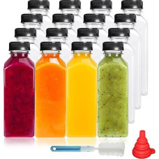 YBCPACK 16 Pieces 350ml Plastic Juice Bottles with Tamper Cap for Mini Fridge Empty Reusable Bottles for Smoothie, Juice and Other Drinks (Black Lid)