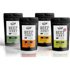 Craftsman Beef Jerky without Sugar 100% Natural | Set 4 x 50 g = 200 g Tasting Pack | From Germany - Bavaria | Jerky Mix | Protein 68% | Dried Meat | Hemp Pepper Smoky Chili