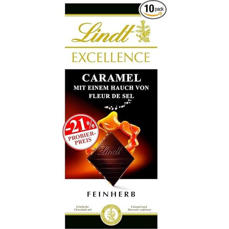 Lindt Chocolate Excellence Caramel and Fleur de Sel, Promotion, 10 x 100 g Bar, Fine Tart Chocolate Refined with Caramel and Sea Salt, Chocolate Bar, Chocolate Gift