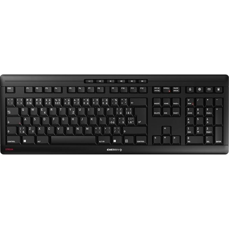 CHERRY Stream belaidė klaviatūra, belaidė klaviatūra, čekiškas/slovakiškas išdėstymas (QWERTZ/QWERTY), 2,4 GHz radijo dažnis, tylūs mygtukai, maitinama iš baterijos, juoda