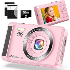 Skaitmeninis fotoaparatas 4K FHD Vlogging Camera, 44MP automatinio fokusavimo kompaktiškas fotoaparatas su 16x skaitmeniniu priartinimu, įkraunamas 2,4 colio mini vaikiškas fotoaparatas su 32GB atminties kortele