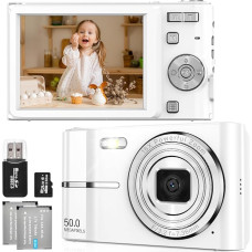 FAYIBUY Skaitmeninis fotoaparatas 50MP 1080P FHD Fotoaparatas su automatiniu fokusavimu 16x skaitmeninis priartinimas Nešiojamas kompaktiškas fotoaparatas su 32GB SD kortele vaikams paaugliams Pradedantiesiems Dovana (balta)