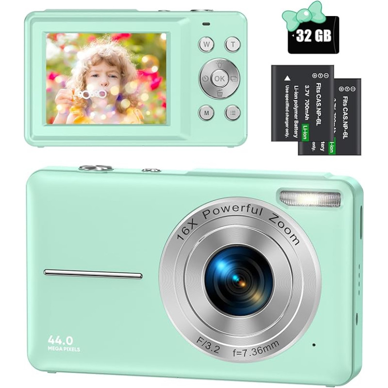 Skaitmeninis fotoaparatas 44MP 1080P FHD Fotoaparatas Kompaktiškas fotoaparatas 16x skaitmeninis priartinimas su 32GB atminties kortele, skaitmeninis fotoaparatas vaikams, paaugliams, pradedantiesiems, berniukams, mergaitėms (žalias)