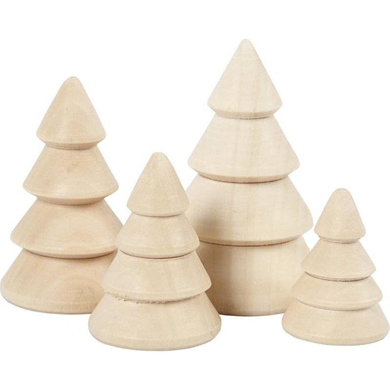 Wooden Christmas Trees, H: 3.3 + 4.3 + 5.3 + 6.3 cm / 1.2 + 1.6 + 2.0 + 2.4 inches), D: 2.3 + 3 + 3.2 + 4 cm / 0.9 + 1.1 + 1.2 + 1.5 inches, Empress Wood Pack of 4