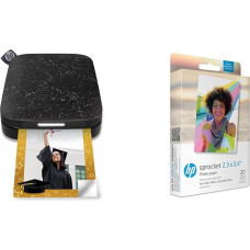 HP Sprocket Portable 5 x 7,6 cm momentinių nuotraukų spausdintuvas (juodas) Sprocket 5,8 x 8,7 cm Premium cinko lipdukų fotopopierius (20 lapų) Suderinamas su 