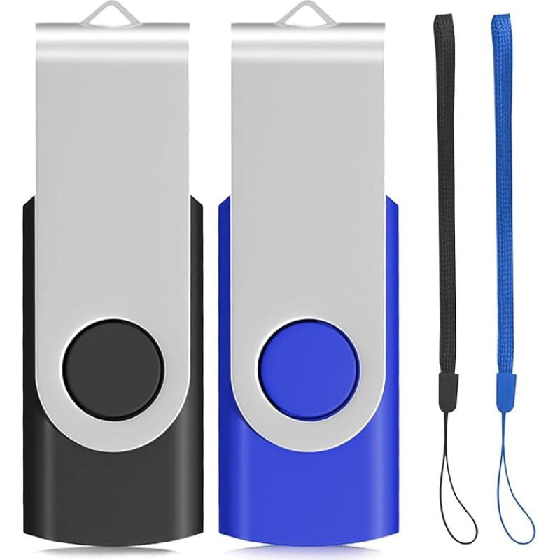 2Pack 32GB USB 2.0 Thumb Flash Drives Swivel Design Pen Memory Stick Fold Storage (Black/Blue With Lanyard)