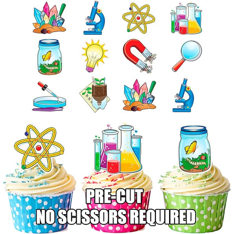 AK Giftshop PRECUT COLOURFUL FUNNY SCIENCE MIX - valgomieji keksiukų viršūnėlės / torto viršūnėlės (24 vnt.)