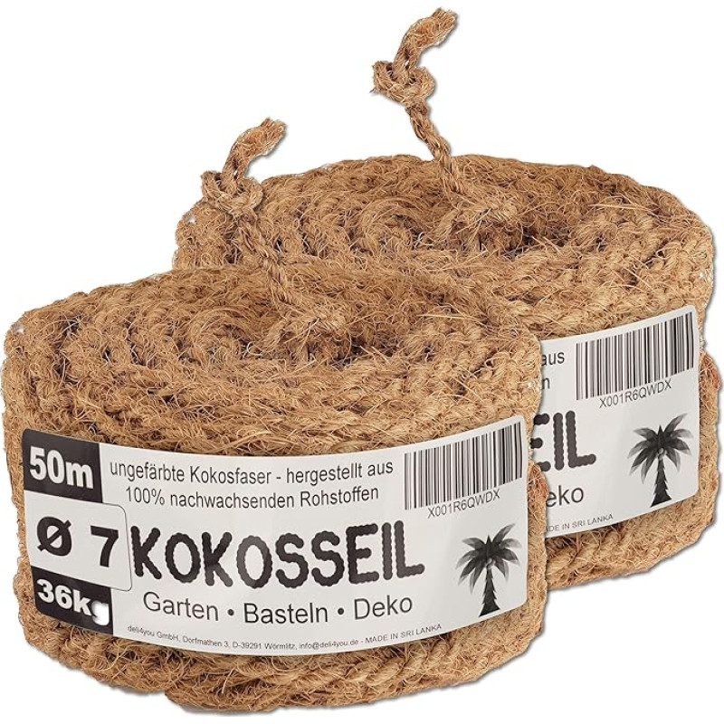 deli4you Kokosų virvės medžių raiščiai 7 mm 2 x 50 m Dviguba pakuotė Kokosų pluošto virvė Kokosų mezginys medžiams Medžių juosta Neapdorota - sodo virvė, atspari oro sąlygoms, atspari plyšimui, pagaminta iš atsinaujinančių žaliavų