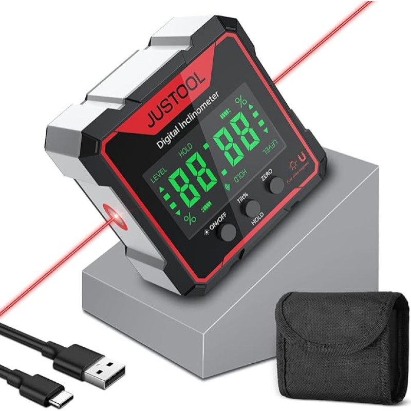 JUSTOOL Digital LCD Protractor Inclinometer Laser Angle Measuring Device Spirit Level IP54 Waterproof Level Box 4-Sided Magnetic Levelling Box Bevel Box with Type-C Charging Cable