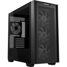 ASUS A21 Plus TG ARGB Black microATX kompiuterio korpusas (iš anksto sumontuoti ARGB ventiliatoriai, tinklelio formos priekinė panelė, suderinamas su pagrindinėmis plokštėmis su paslėptais prievadais, 360 mm radiatoriai, 380 mm grafika, juodas)