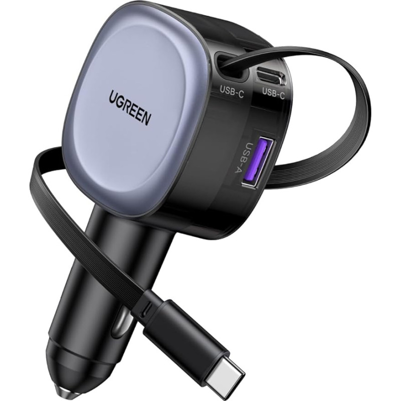 UGREEN Cigarette Lighter USB C 75 W Retractable Car Charger USB Quick Charger Mobile Phone Car Accessories 12 V USB Charging Cable Car Adapter for iPhone 16, iPad, Galaxy S24 S25, GPS etc