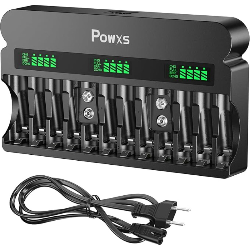 POWXS AA AAA 9V baterijų įkroviklis, 12 įkrovimo vietų su LCD ekranu, 