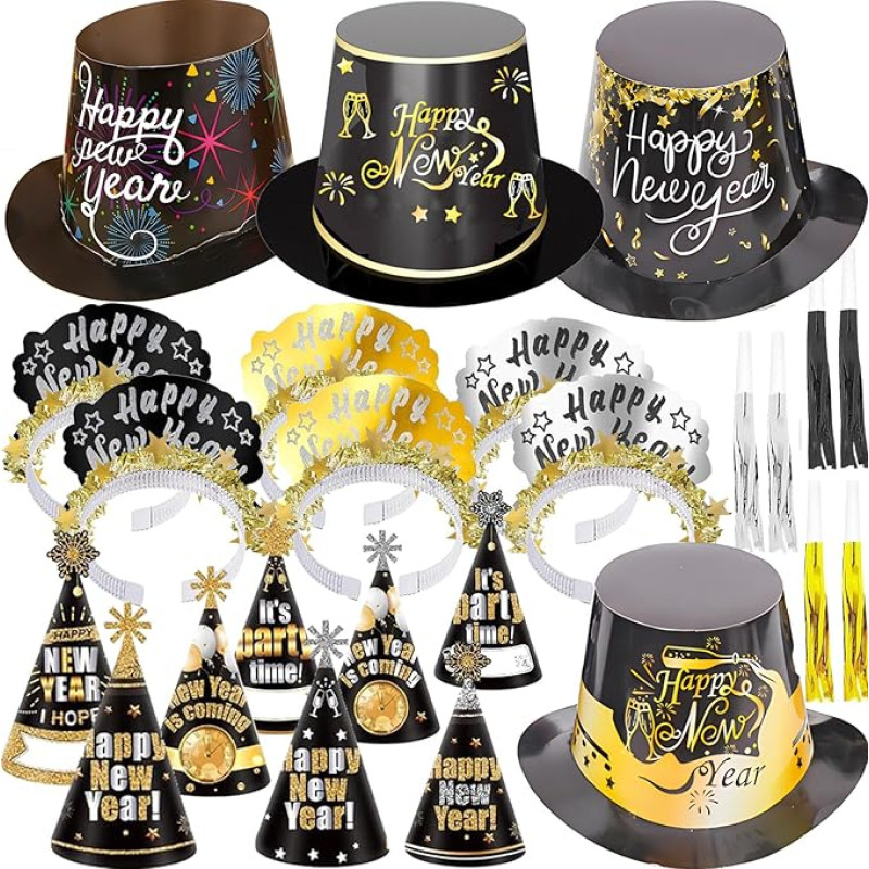 ZYDNANYANG Naujųjų metų 2025 vakarėlio skrybėlė, Naujųjų metų išvakarės, 4 XXL vakarėlio skrybėlių pakuotė, 6 trikampės smailėjančios skrybėlės, 6 laimingų Naujųjų metų galvos juostos, tiara, ragai, skrybėlės, dūžiai ir karoliukai
