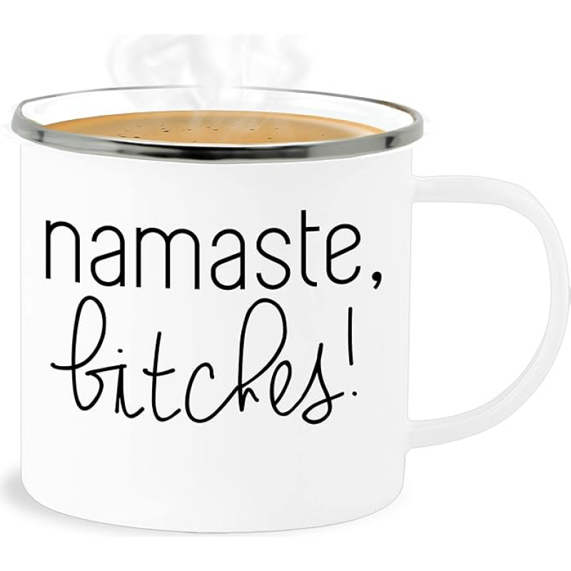 Shirtracer Enamel Tin Mug – Statement – Namaste, es! – 300 ml – White Silver – Statements Namaste Happy New Year e New Year with
