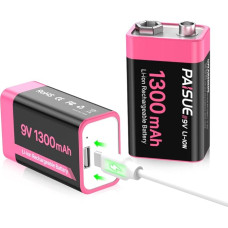 9 V Rechargeable Batteries, 1300 mAh Durable Rechargeable Lithium Batteries with USB-C Fast Charging, 9 V Block Battery for Remote Control, Smoke Detector, Multimeter, Microphone (Pack of 2)