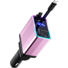 massway Cigarette Lighter USB C 120 W Car Charger, 4 in 1 Retractable Car Charger Mobile Phone Quick Charger Car Charger Compatible with iPhone 16/15/14/13/Samsung S24/S23/Google Pixel9/8 (Pink)