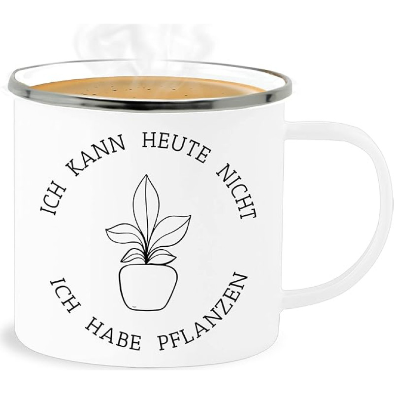 Shirtracer Emaille Becher Blechbecher - Statement - Ich kann heute nicht ich habe Pflanzen - Lineart - schwarz - 300 ml - Weiß Silber - statements frohes neues jahr new year mit