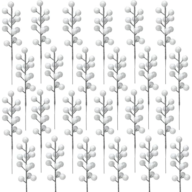 Donfulily 24 Stück Weihnachts-Glitzer-Beeren, künstliche Stechpalmenbeeren, Spray für Weihnachtsbaumdekoration, DIY, Weihnachtskranz, Basteln, Urlaub, Heimdekoration (weiß)