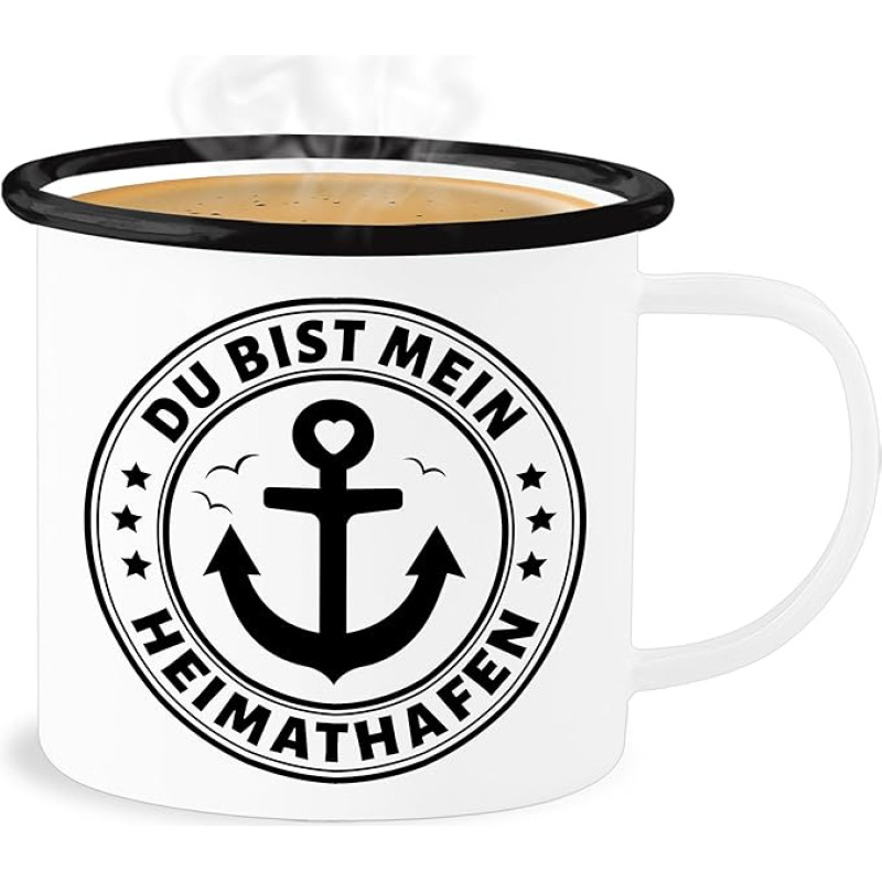 Emaille Becher Blechbecher - Statement - Du bist mein Heimathafen - 300 ml - Weiß Schwarz - statements frohes neues jahr new year mit