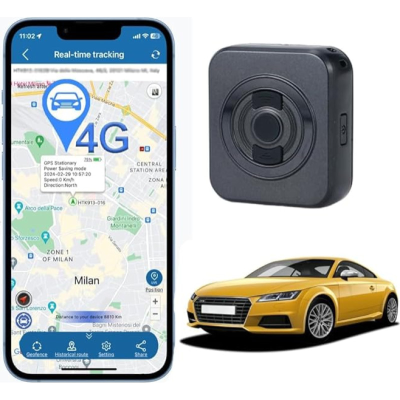 TKMARS 4G Car GPS Tracker GPS Tracker Car Without Subscription with Temperature Sensor, SOS Alarm, 2 Custom Buttons, Multiple Alarms, Free App