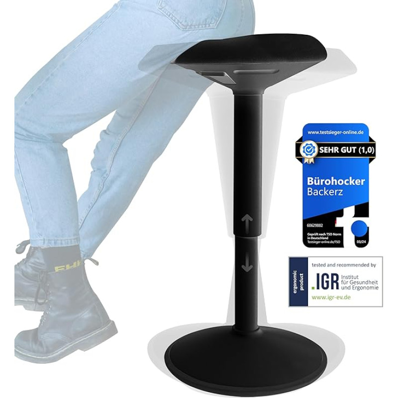 Backerz Ergonomic Stool - Office Stool with 55-80 cm Height Adjustment - Seat and Standing Stool - Wobble Stool - Work Stool for Home and Office - Covered with Water-Repellent Fabric, Matte Black