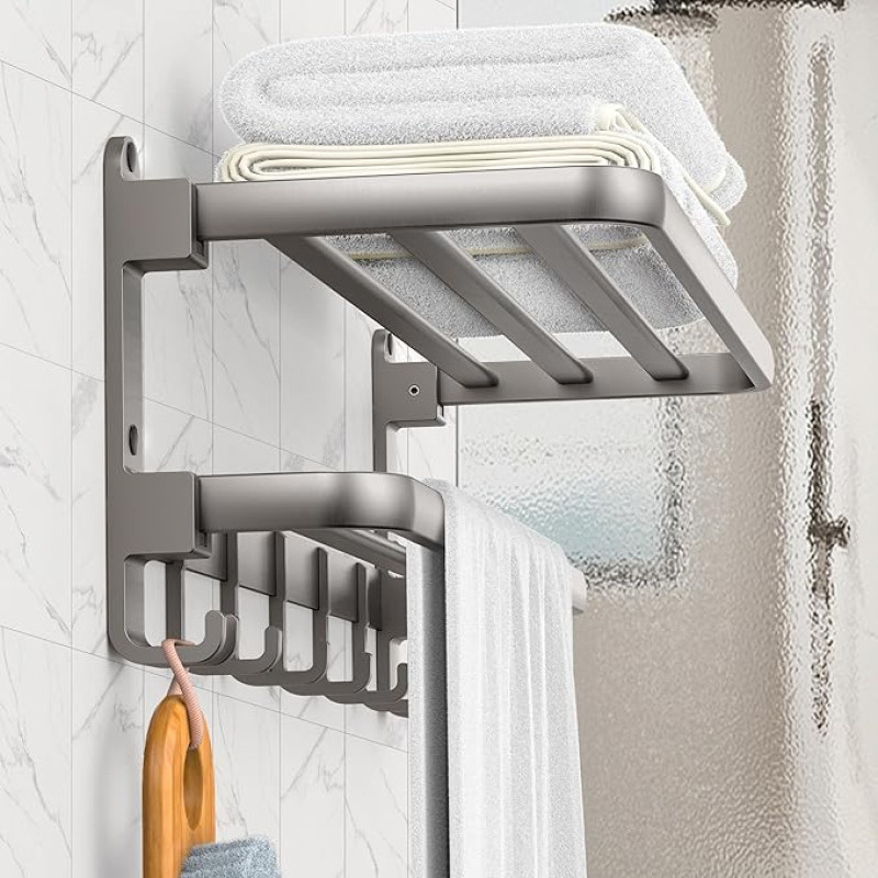 AIKER Upgrade Wall Towel Rail, Good Quality Thick and Stable Towel Rail No Drilling with 9 Hooks, 60 cm Towel Holder, Grey, Two Installation Methods, Towel Rail for Bathroom, Kitchen