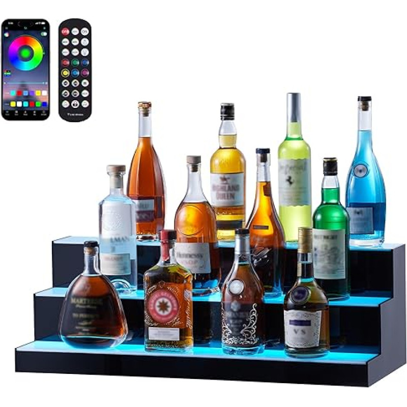 VEVOR Bar Rack Wine Rack, LED Illuminated Home Bar Rack with RF Remote Control and App Control, 3 Tier Acrylic Drink Lighting Rack, 762 x 300 x 250 mm Commercial Wine Bottle Stand