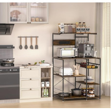 YOUPU Didelis kepimo stovas su lizdu, 4 pakopų mikrobangų krosnelės stovas, kavos baras su 5 kabliukais, virtuvės stovas su vieliniu krepšeliu, 5 x 12 x 20 colių, kaimiškai rudos spalvos