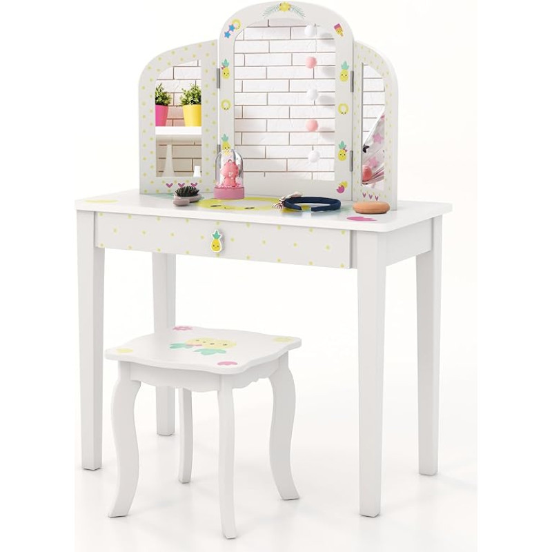 COSTWAY 2-in-1 Children's Dressing Table Set, Dressing Table with Triple Folding Mirror & Drawer, Princess Cosmetic Table with Makeup Stool, Dressing Table for Children Girls (Pineapple)