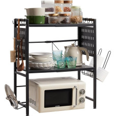 Adjustable Microwave Stand, 3-Tier Microwave Rack with 9 Hooks, Roll Holder and Chopping Board Stand for Kitchen Shelves, Counter Organizer, Holds 180 lbs Baker's Racks for Kitchens (Black)