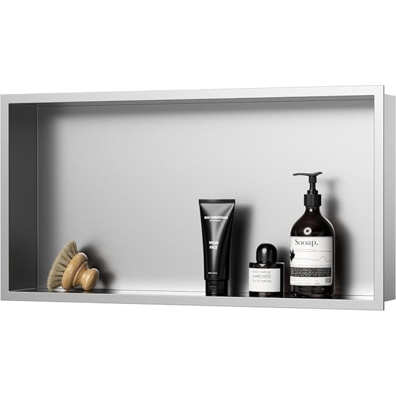 KINKIBOS Wall Recess Shower Stainless Steel, No Tiles Required, Embedded Shower Niche 60 x 30 x 10 cm, Shower Niche Single Shelf Storage