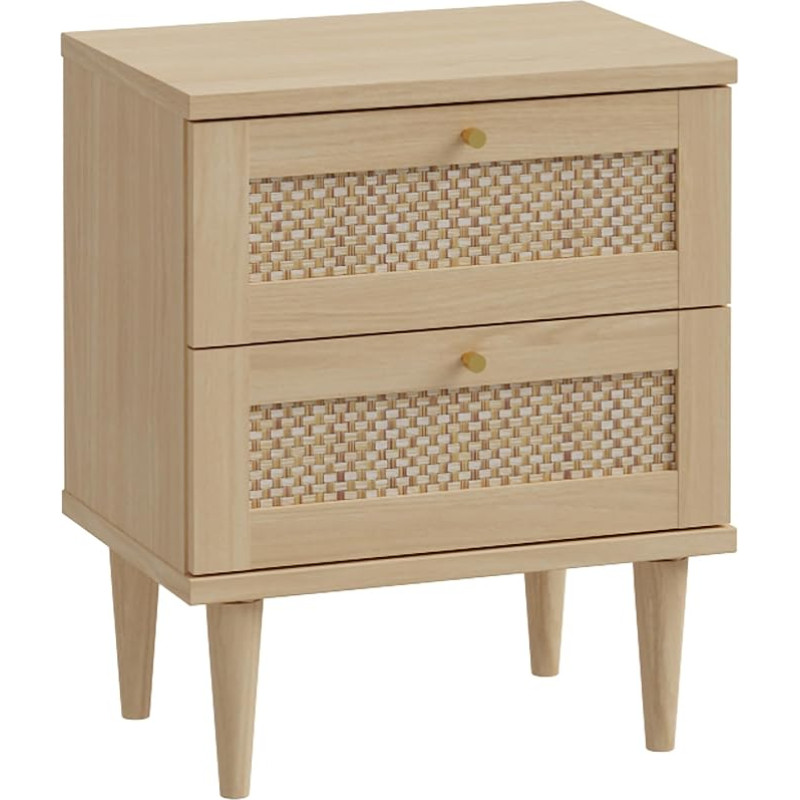 FORTE Calasetta Naktinis staliukas 50 cm Boho stiliaus Vienos pintinė naktinė spintelė su 2 stalčiais Medžio dekoras: Elegancia Ąžuolas/Technorattan, 50 cm plotis x 61 cm aukštis x 35 cm gylis