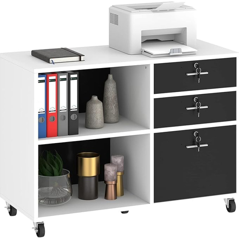 YITAHOME Rolling File Cabinet with 3 Drawers and 2 Compartments, Mobile Document Cabinet with Pulley, Suitable for Printer, A4, Document, Stationery, Home and Office, Black + White
