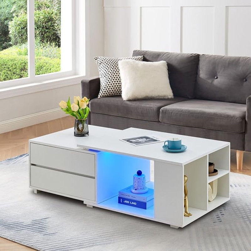 CLIPOP Coffee Table with LED Light, Rectangular Living Room Side Table with 4 Drawers and Open Shelf, Stretchy Sofa Tea Table for Home, Office, Lounge