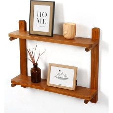 SUMGAR Sieninė lentyna Medinės plaukiojančios lentynos Pakabinama lentyna 60 cm Praktiškos 2 pakopų dekoratyvinės lentynos, pagamintos iš medžio masyvo, skirtos vonios kambariui, virtuvės organizatoriaus lentynai Šiuolaikinė