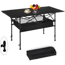 BBTEQEKN Adjustable Camping Table, Portable Folding Picnic Table with Storage Basket and Carry Bag, Rolling Table for Outdoor, Indoor, Beach, Backyard