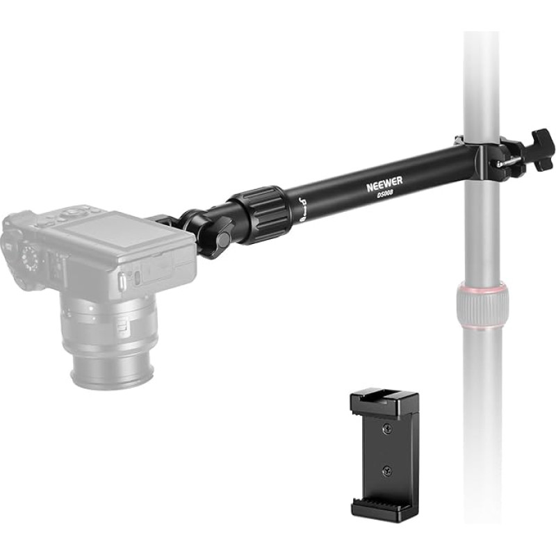 NEEWER Overhead DS009 Fotoaparato laikiklis su telefono spaustuku, 56 cm, 180° ir 360°, 2 dalių laikiklis staliniam stovui, skirtas 0,87-1,1 colio vamzdžiams, maks. 2,5 kg apkrova, fotoaparato strėlė, skirta LED žiedinei šviesai.