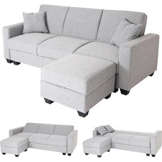 Mendler HWC-H47 Sofa su otomanu, sofa-lova, svečių lova, miego funkcija, sandėliavimo erdvė, 217 x 145 cm, audinys/tekstilė, šviesiai pilka