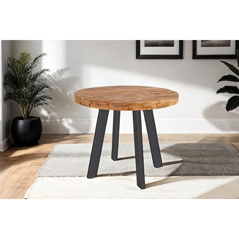 SAM Adelina apvalus valgomojo stalas, 100 cm, natūralios spalvos, iš mango medžio masyvo, sendintos išvaizdos valgomojo stalas, 4 kojų metalinis rėmas, juodas, dvigubas stalviršis 50 mm (25 + 25 mm)