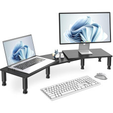 AX WABER Dviejų monitorių stovų stovelis, reguliuojamo aukščio plieninių kojų medinis monitoriaus stovelis stalui Monitoriaus stovelis 2 monitoriams su laikymo vieta, juodas