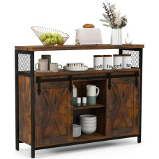 GIANTEX kavos spintelė su 2 stumdomomis durimis ir 3 reguliuojamomis lentynomis, didelė laikymo erdvė, kaimiško stiliaus, skirta svetainei (kava)
