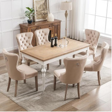 Valgomojo kėdė (virtuvės kėdė, svetainės kėdė su unikaliu durų stakta ant nugaros, 6 dalys), minkšta kėdė su vinių galvutėmis, medžio masyvo kojos, aksomo užvalkalas, smėlio spalvos (6)