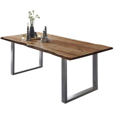 SAM ULM Valgomojo stalas 160 x 85 cm Wane stalas Natūralios spalvos akacijos medžio masyvo metalinis U formos rėmas Sidabrinės spalvos