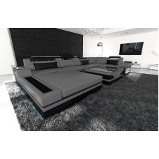 Sofa Living Landscape Mezzo U-Shape Leather Sofa with LED Lighting, Adjustable Headrests, Chaise Longue / Choice of Leather Colours / Orientation Ottoman Available (Ottoman Left, Grey/Black)